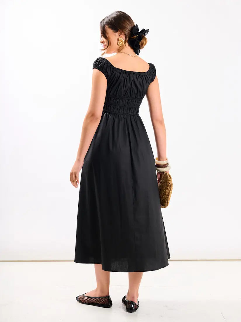 SHIRRED BARDOT MIDI DRESS BLACK