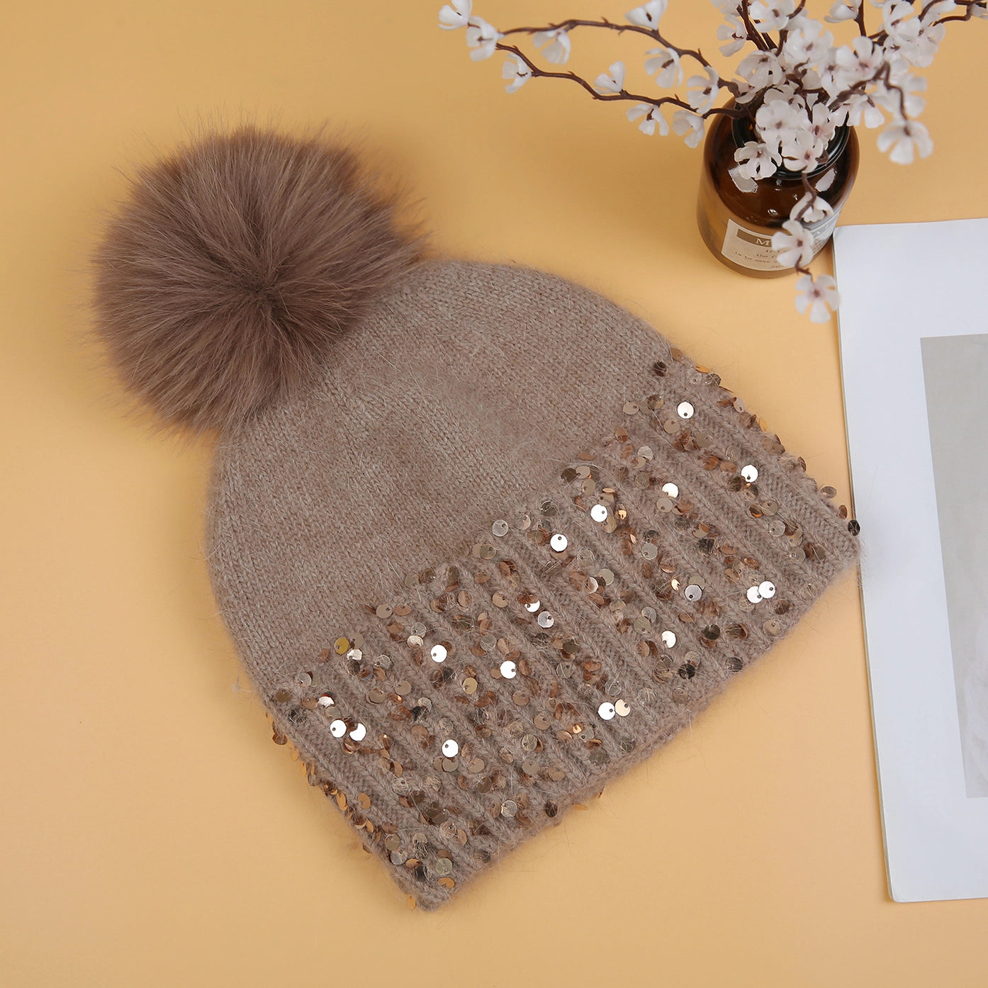 GLAM GLITTER POM POM BEANIE TAUPE