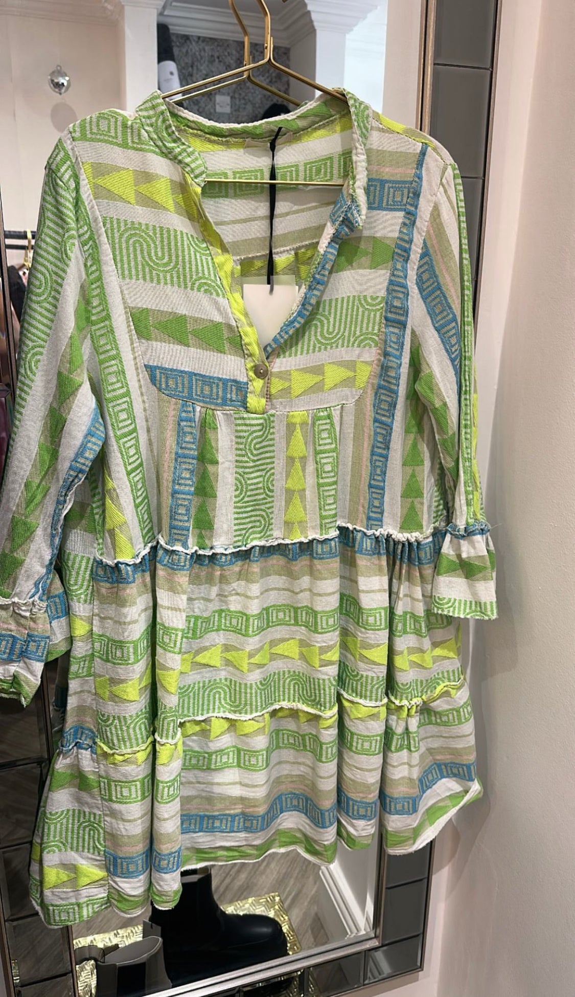 BUTTON DETAIL AZTEC DRESS BEIGE GREEN LIME