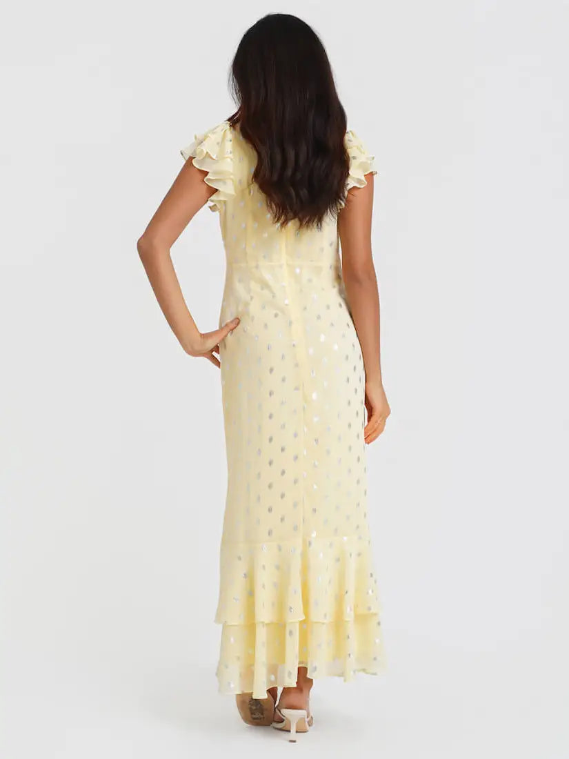 FLUTTER SLEEVE MAXI FOIL MAXI DRESS CANARY