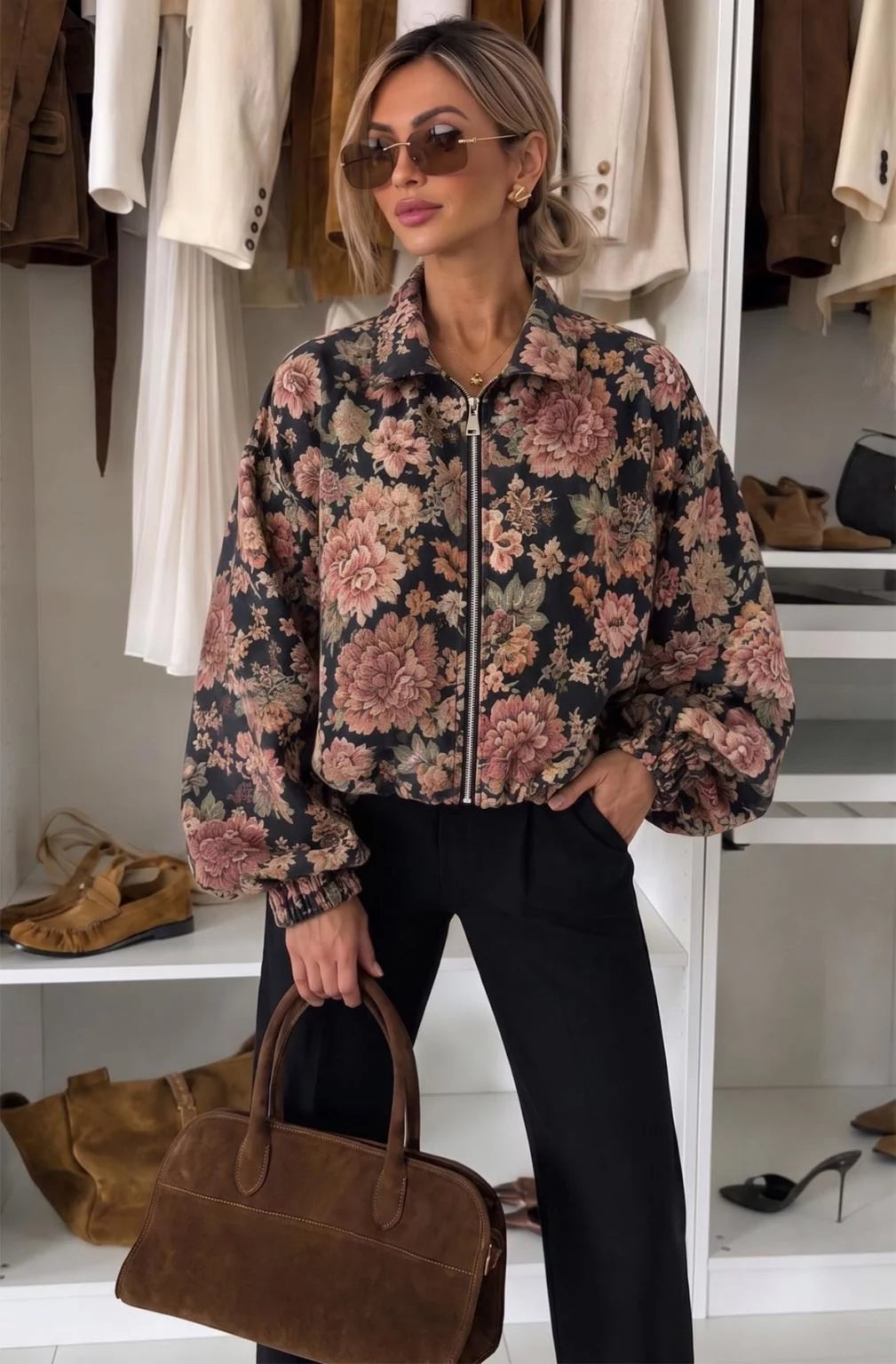 PHILLIPPA FLORAL BOMBER BLACK