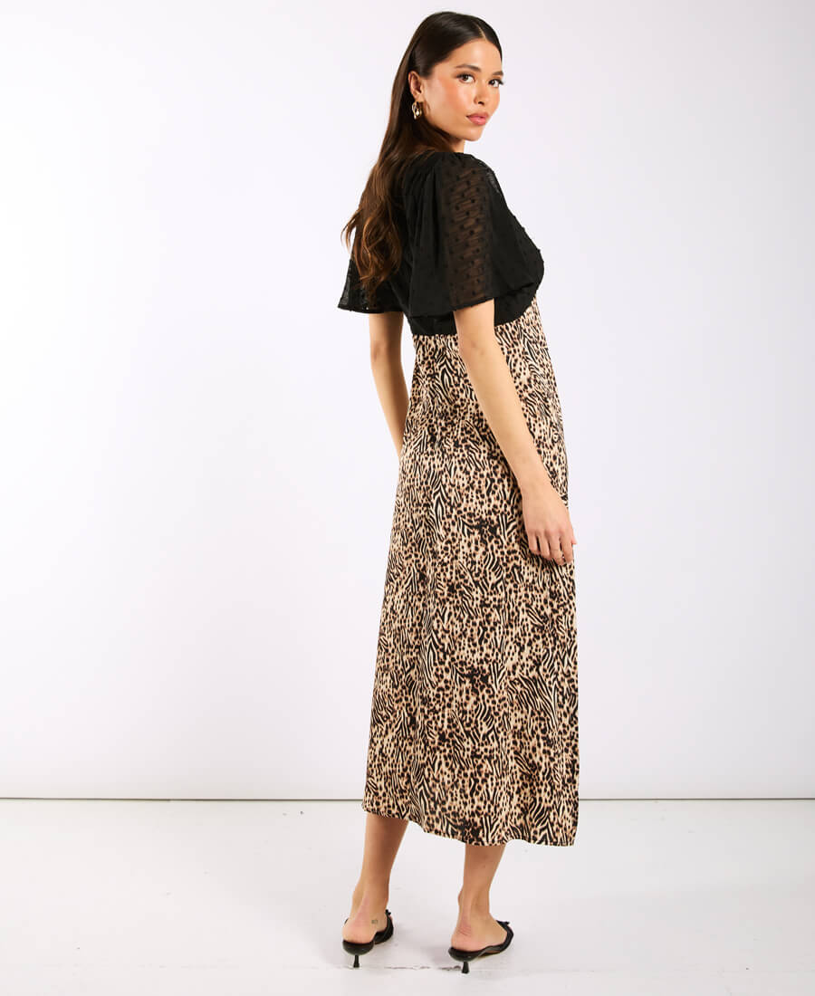 FLUTTER SLEEVE MIDI DRESS LEO BLACK