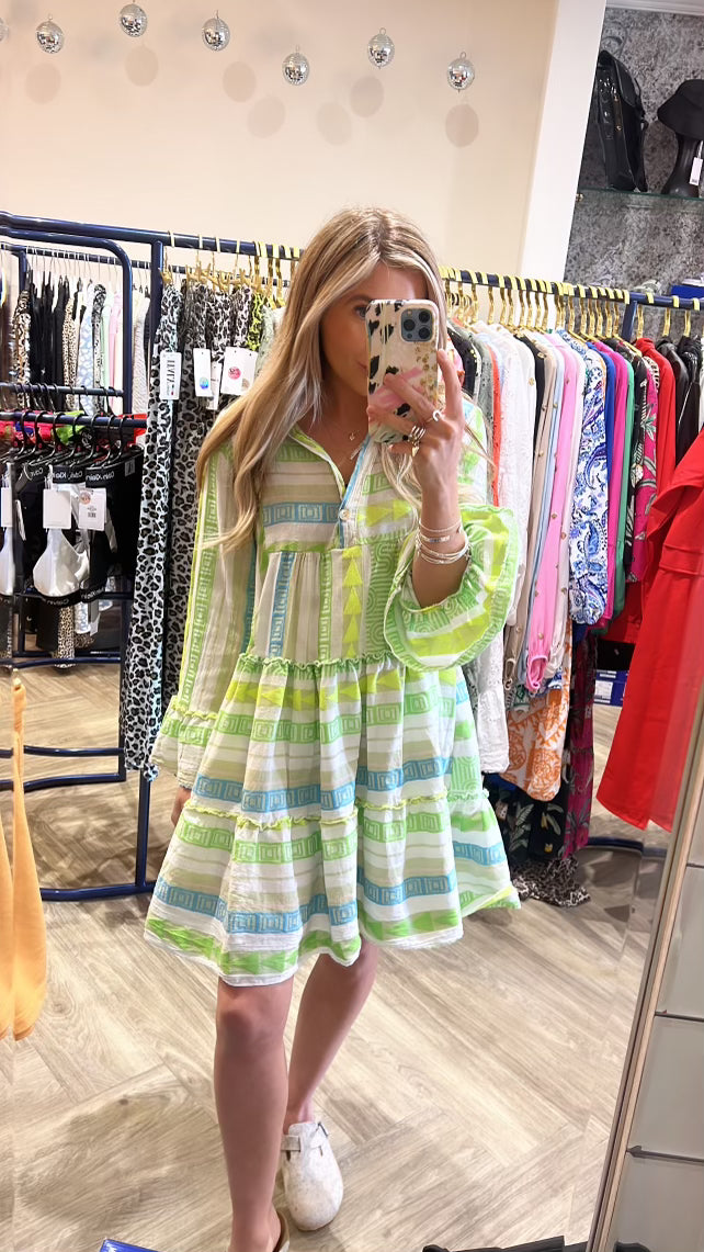 BUTTON DETAIL AZTEC DRESS BEIGE GREEN LIME