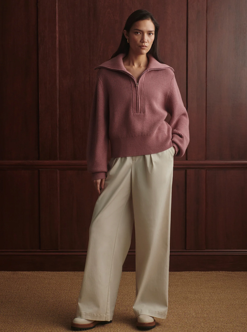 MAURA 1/2 ZIP KNIT RIB WISTFUL MAUVE