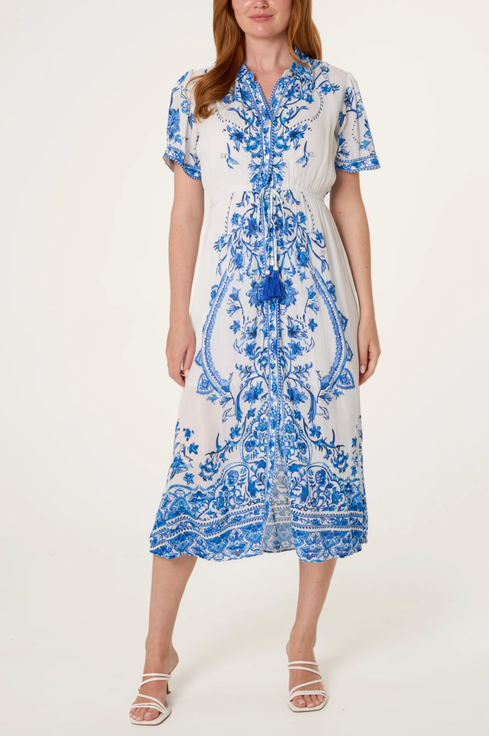 BAROQUE BUTTON THROUGH DRESS BLUE WHITE