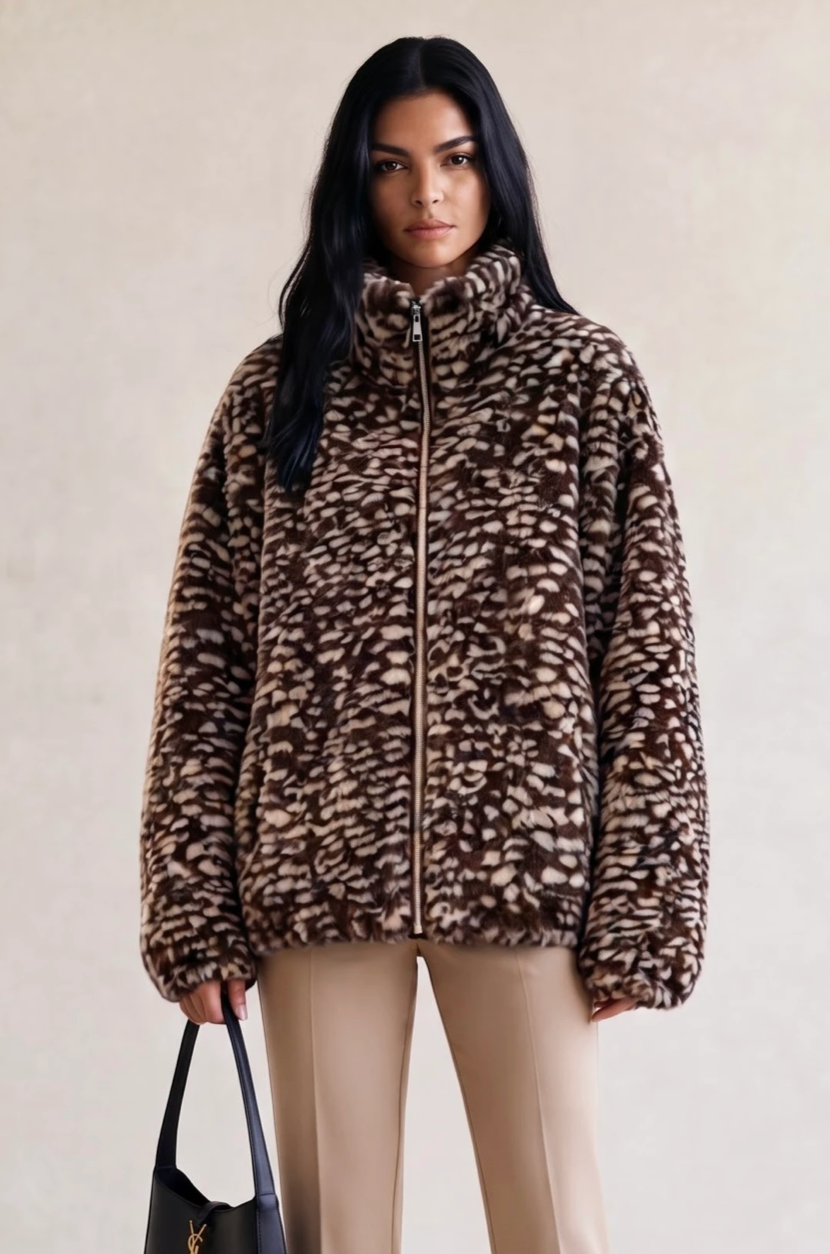 HIGH NECK DEER FLUFFY JACKET BROWN FULL ZIP