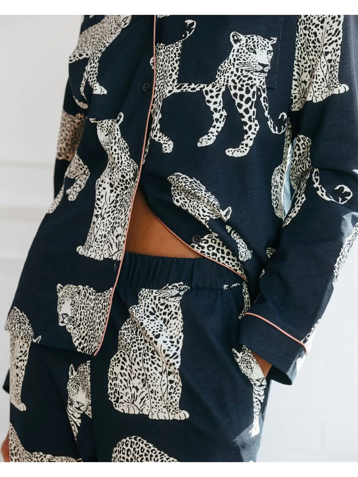 COTTON LEOPARD PYJAMA SET LONG NAVY