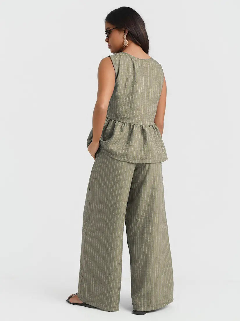 KHAKI STRIPE PEPLUM TOP