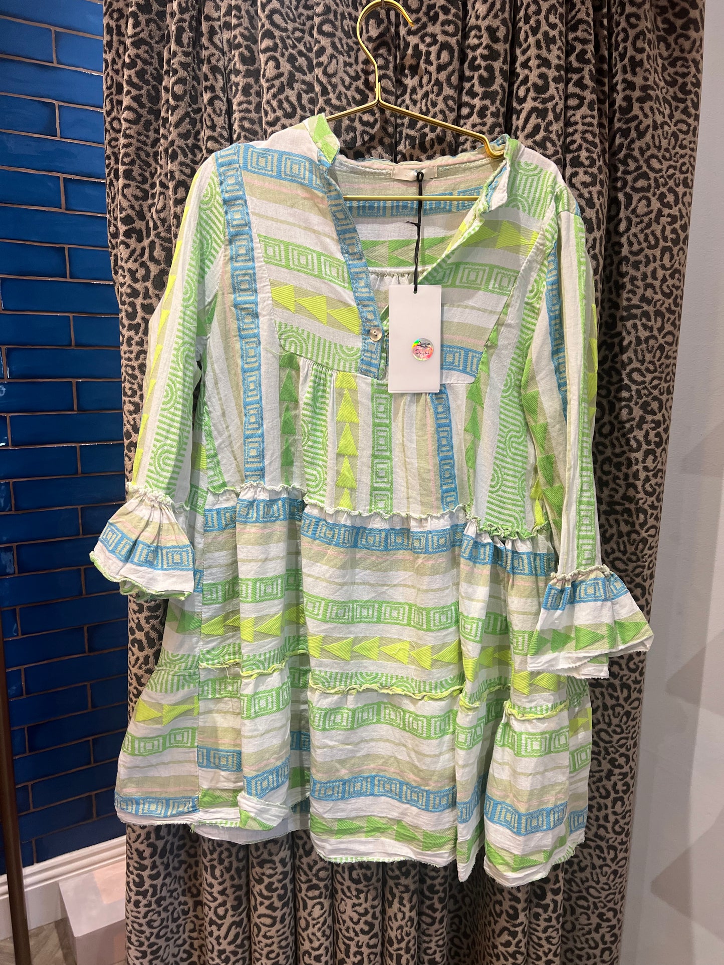 BUTTON DETAIL AZTEC DRESS BEIGE GREEN LIME