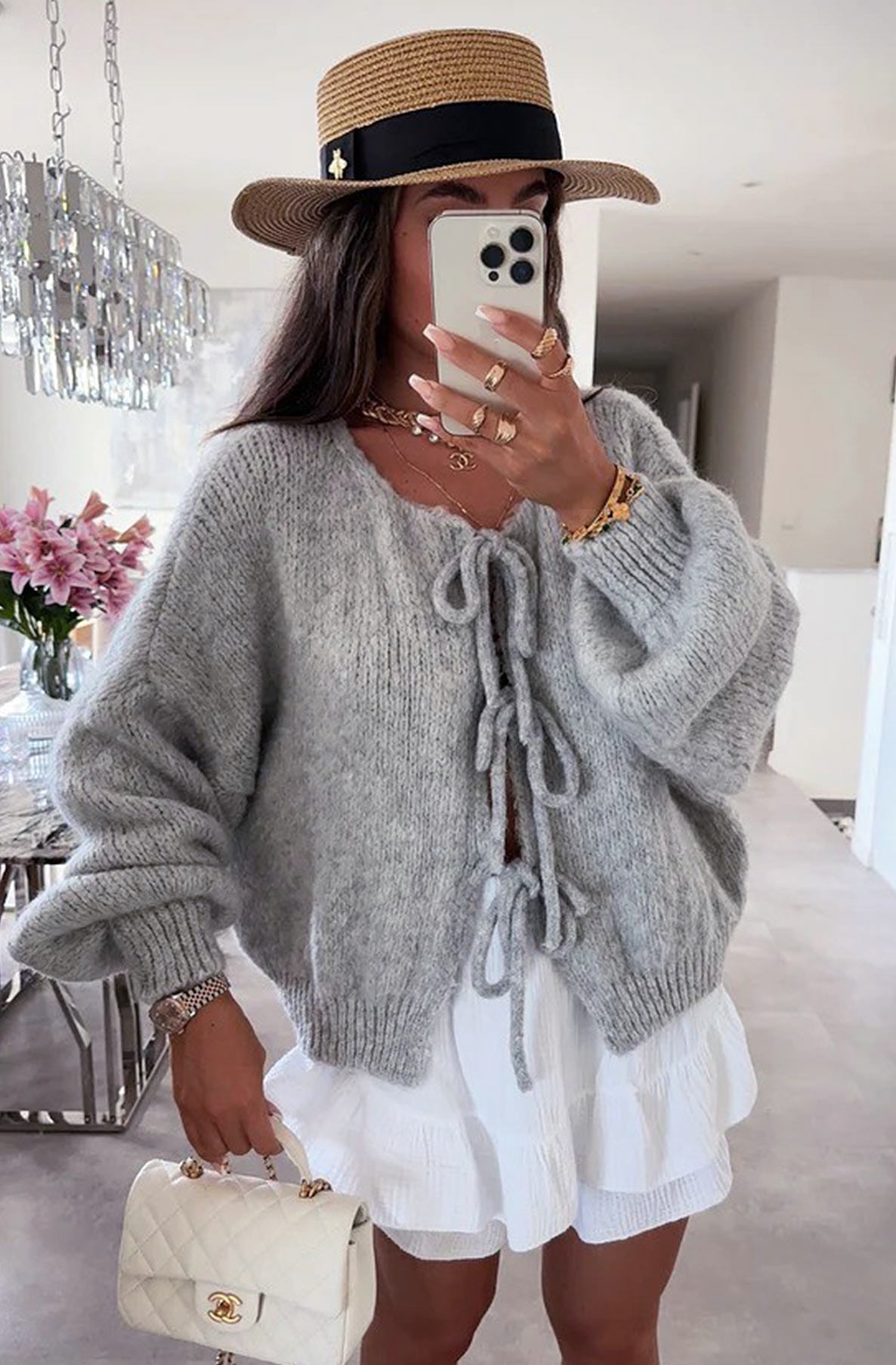 MELINDA TIE FRONT CARDIGAN GREY