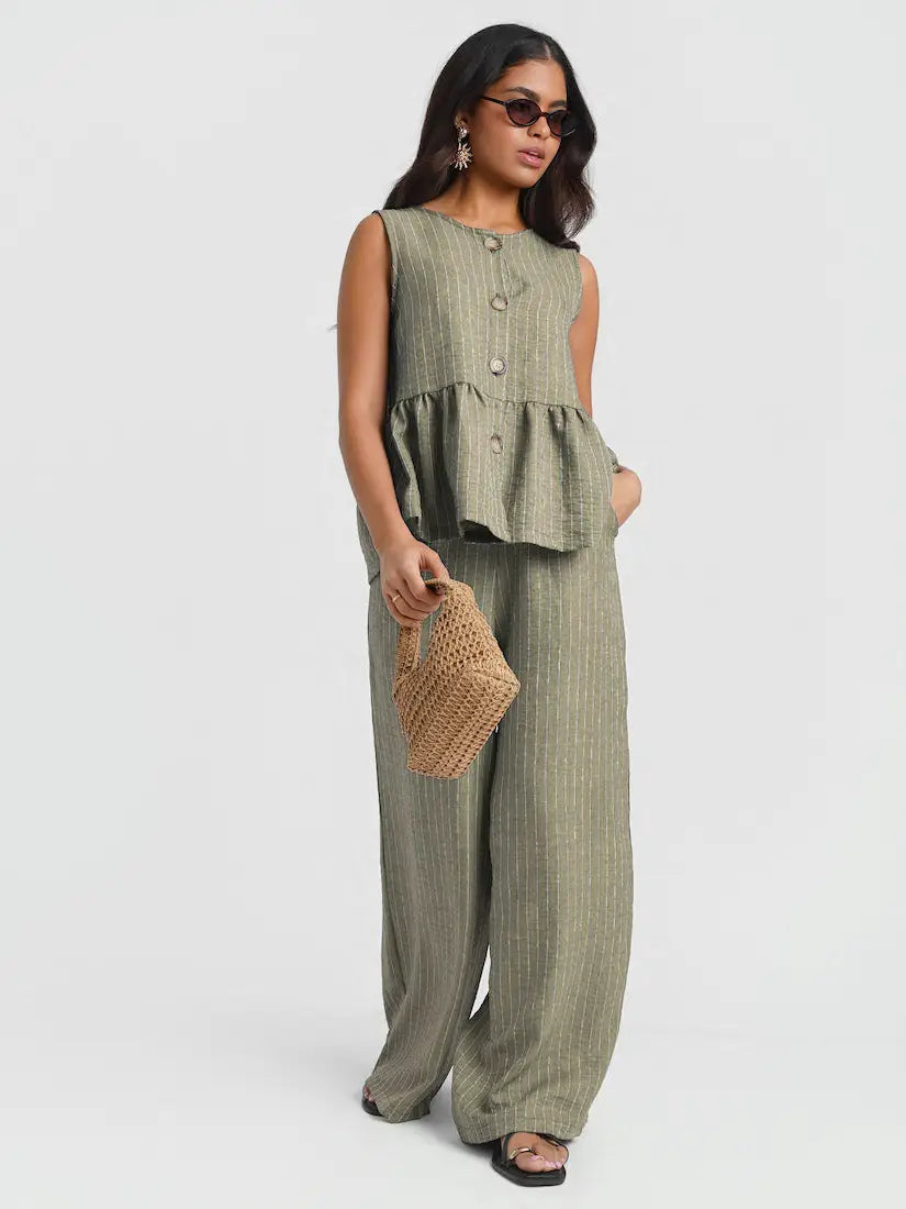 KHAKI STRIPE PEPLUM TOP