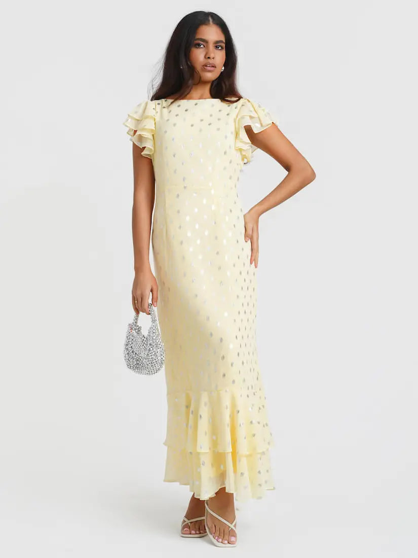 FLUTTER SLEEVE MAXI FOIL MAXI DRESS CANARY