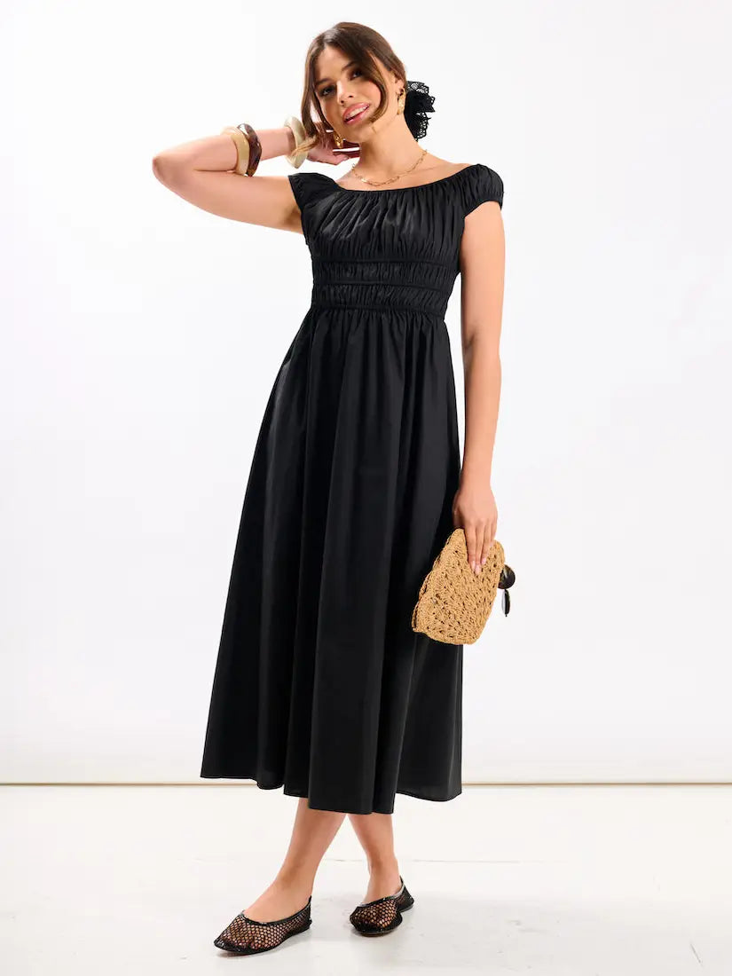 SHIRRED BARDOT MIDI DRESS BLACK