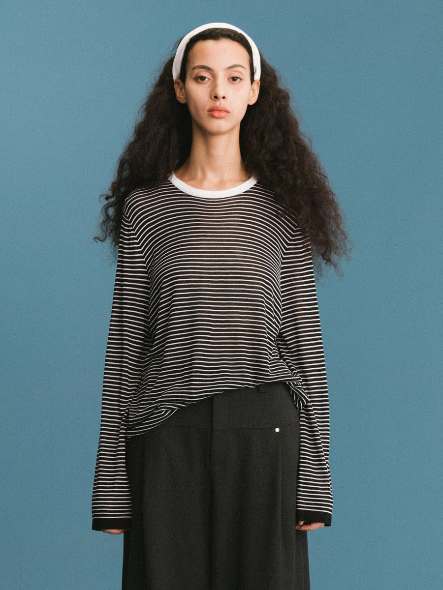 SLOUCHY STRIPEY LS TOP BLACK