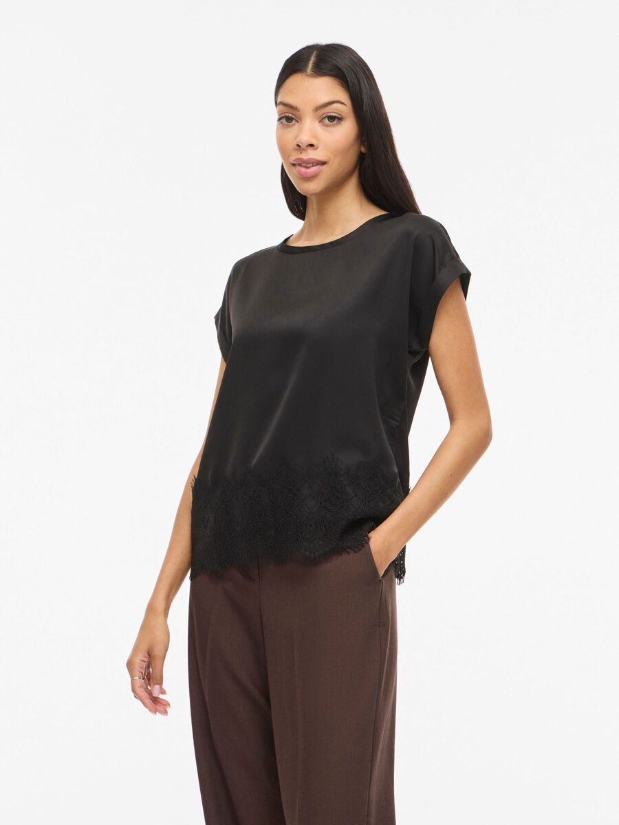 ELLETTE SATIN LACE TOP BLACK