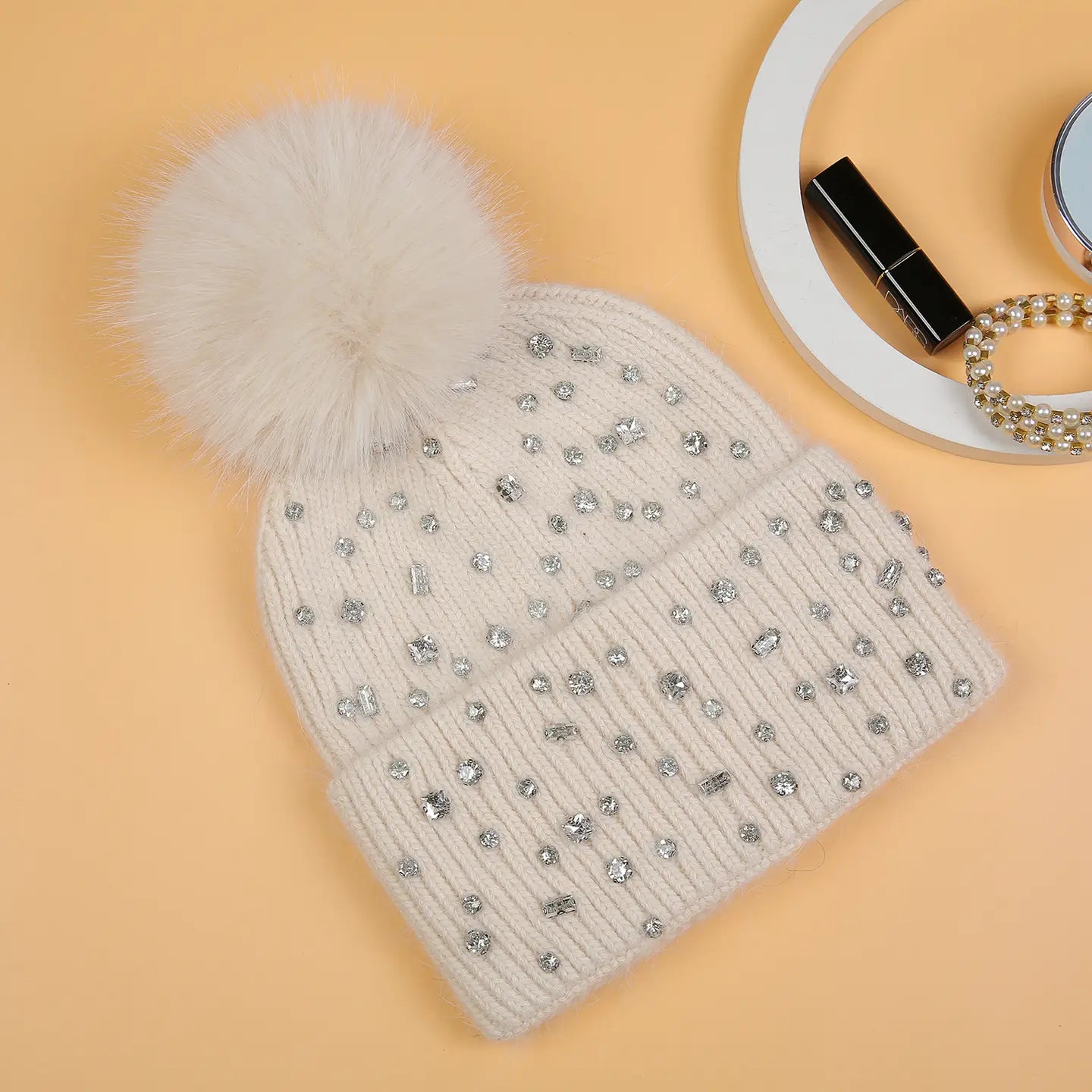 SPARKY GEM POM POM BEANIE BEIGE