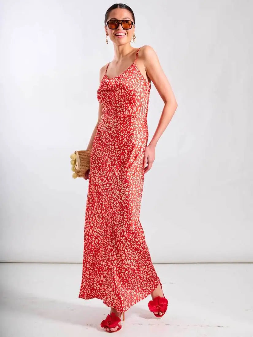 RED LEOPARD COWL MAXI