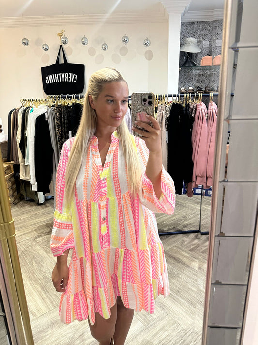 LUCY AZTEC DRESS ORANGE PINK LIME