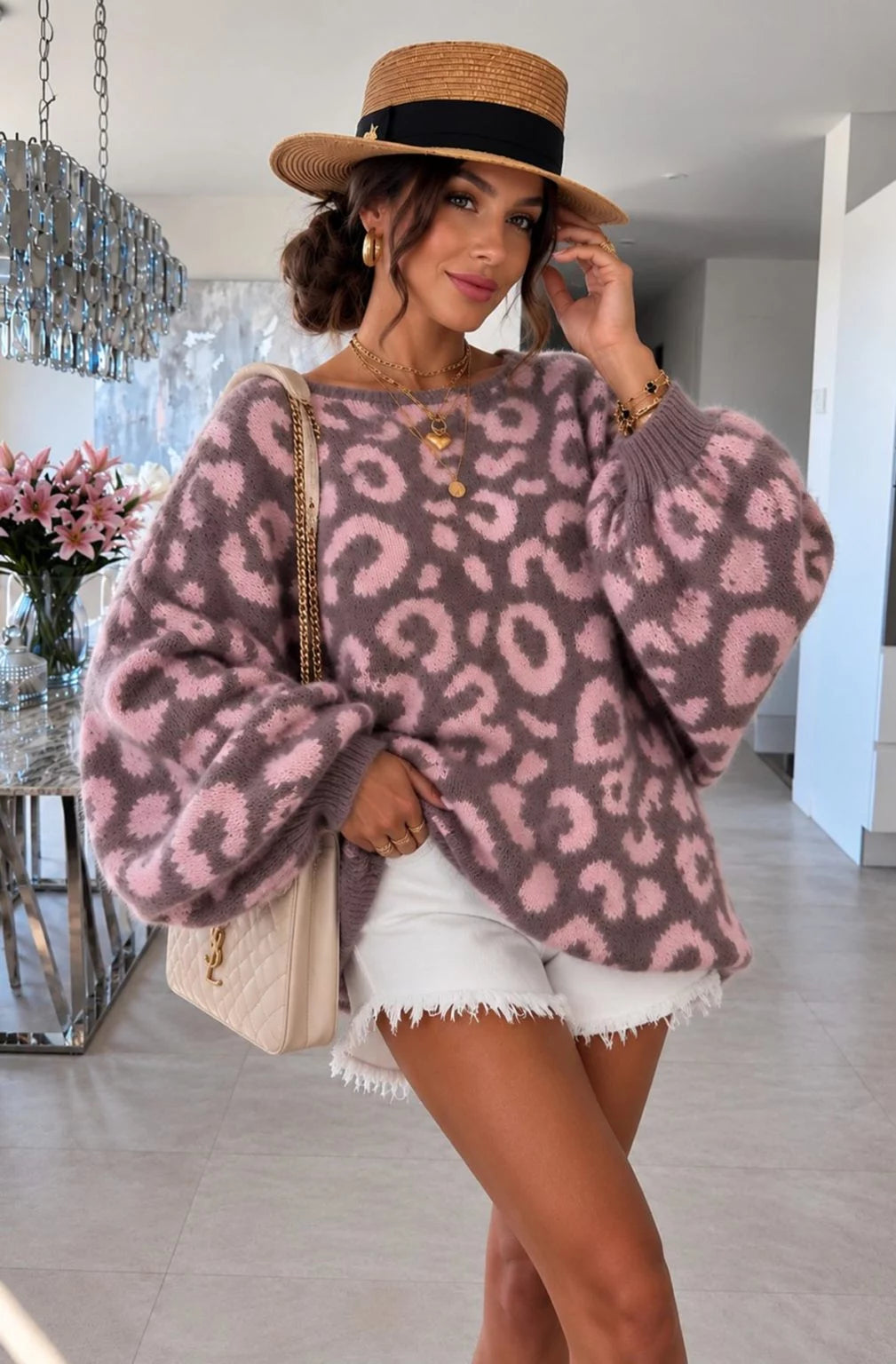 CELANDINE LEOPARD JUMPER TAUPEY PINK