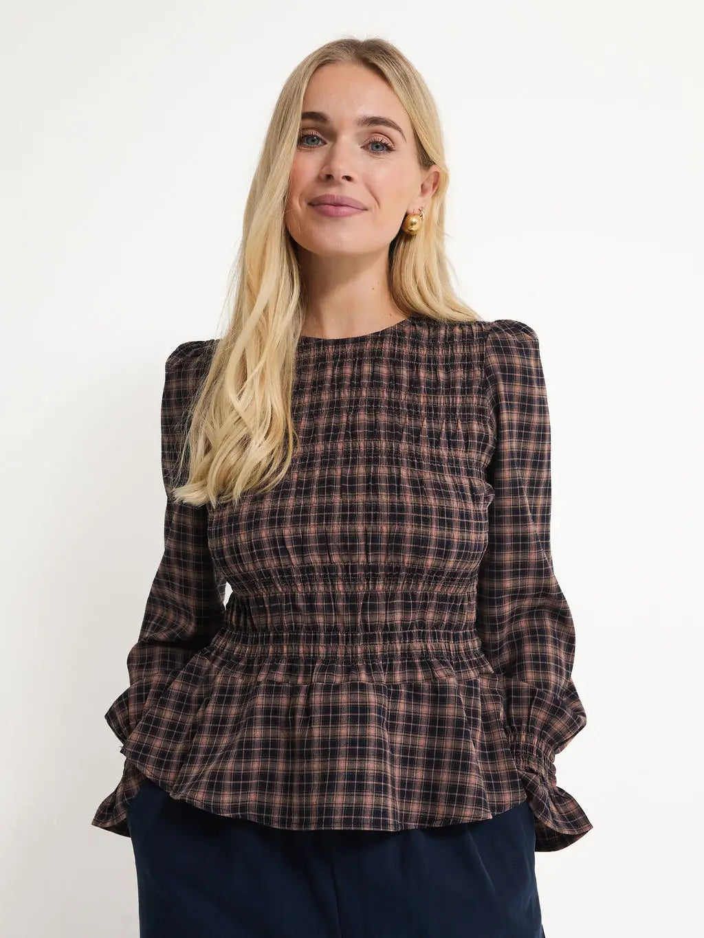 ELSA GINGHAM TOP BROWN NAVY