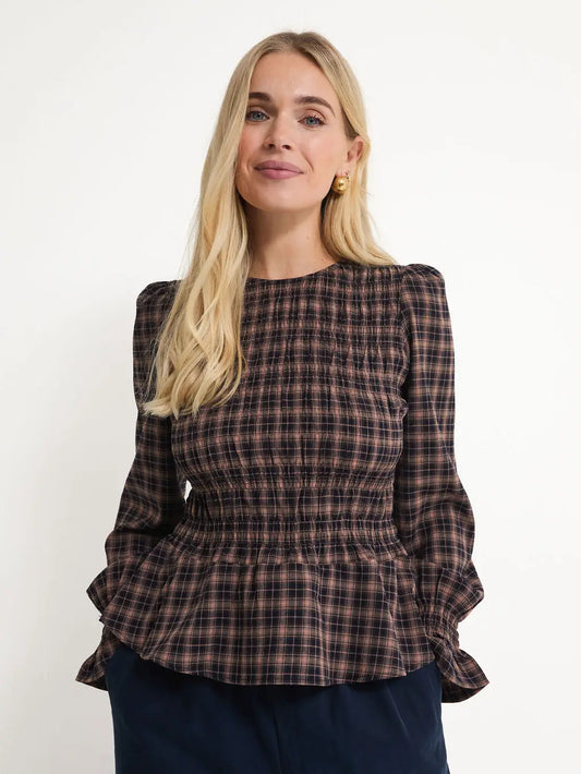 ELSA GINGHAM TOP BROWN NAVY
