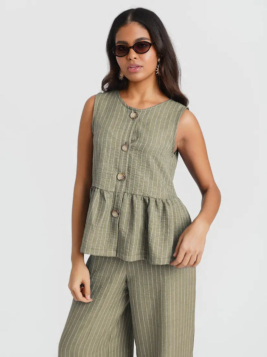 KHAKI STRIPE PEPLUM TOP