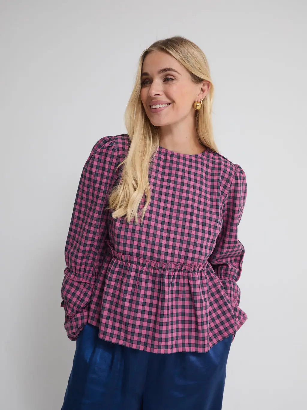 ELSA GINGHAM TOP PINK NAVY