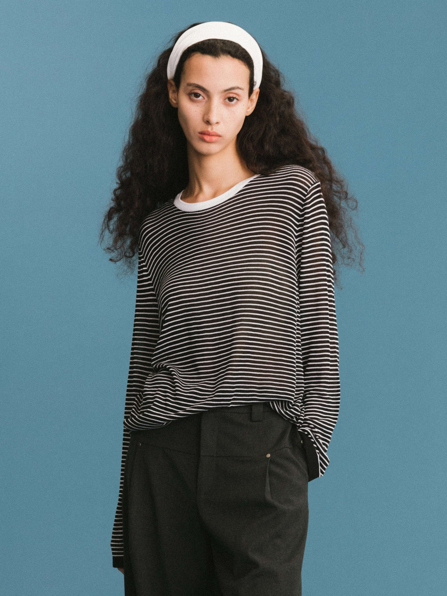 SLOUCHY STRIPEY LS TOP BLACK