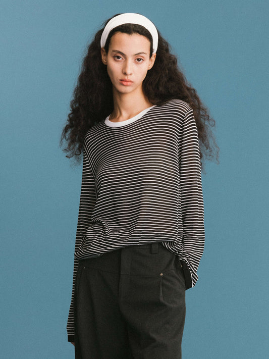 SLOUCHY STRIPEY LS TOP BLACK