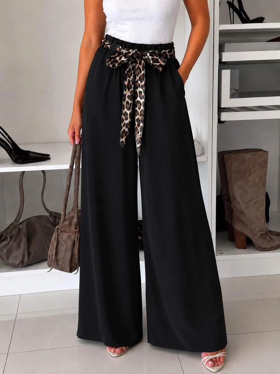 BERNADETTE WIDE LEG TROUSER LEOPARD TIE BELT BLACK