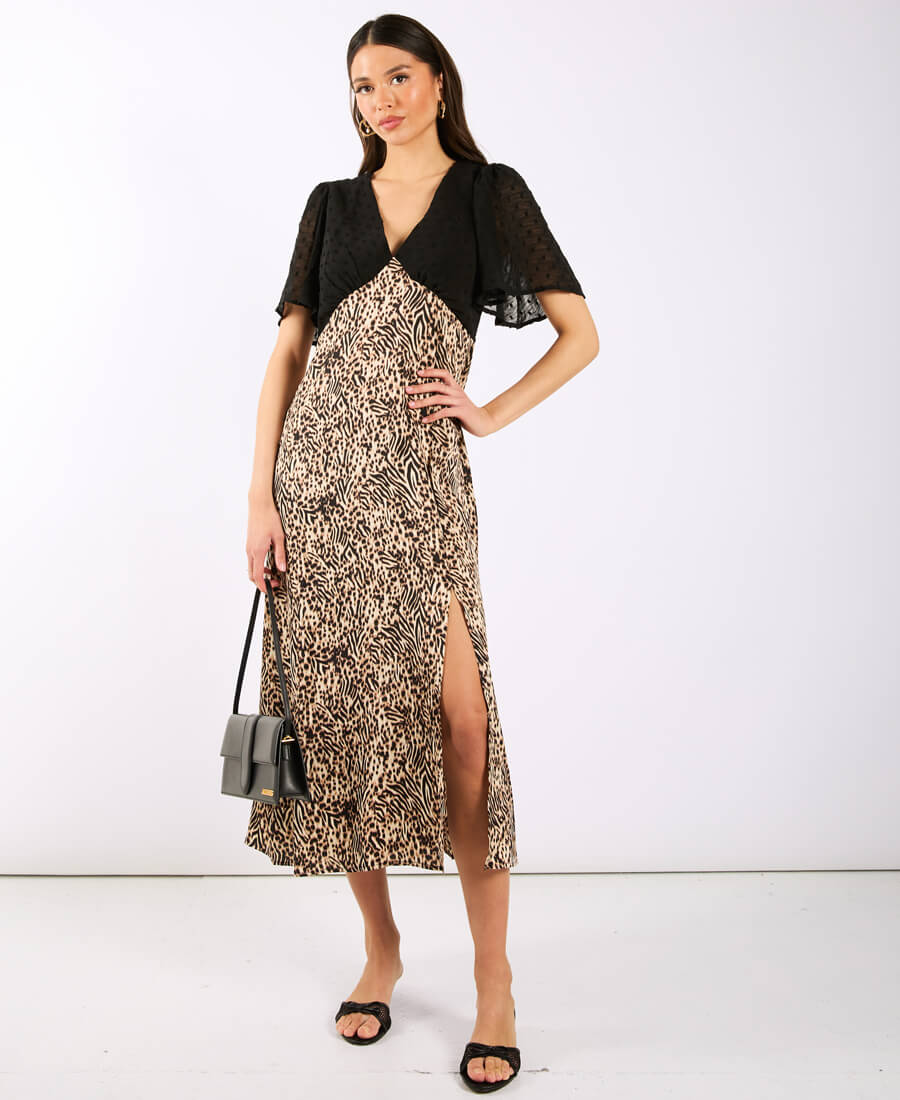 FLUTTER SLEEVE MIDI DRESS LEO BLACK