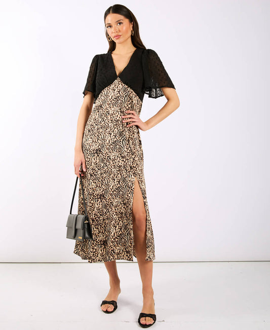 FLUTTER SLEEVE MIDI DRESS LEO BLACK