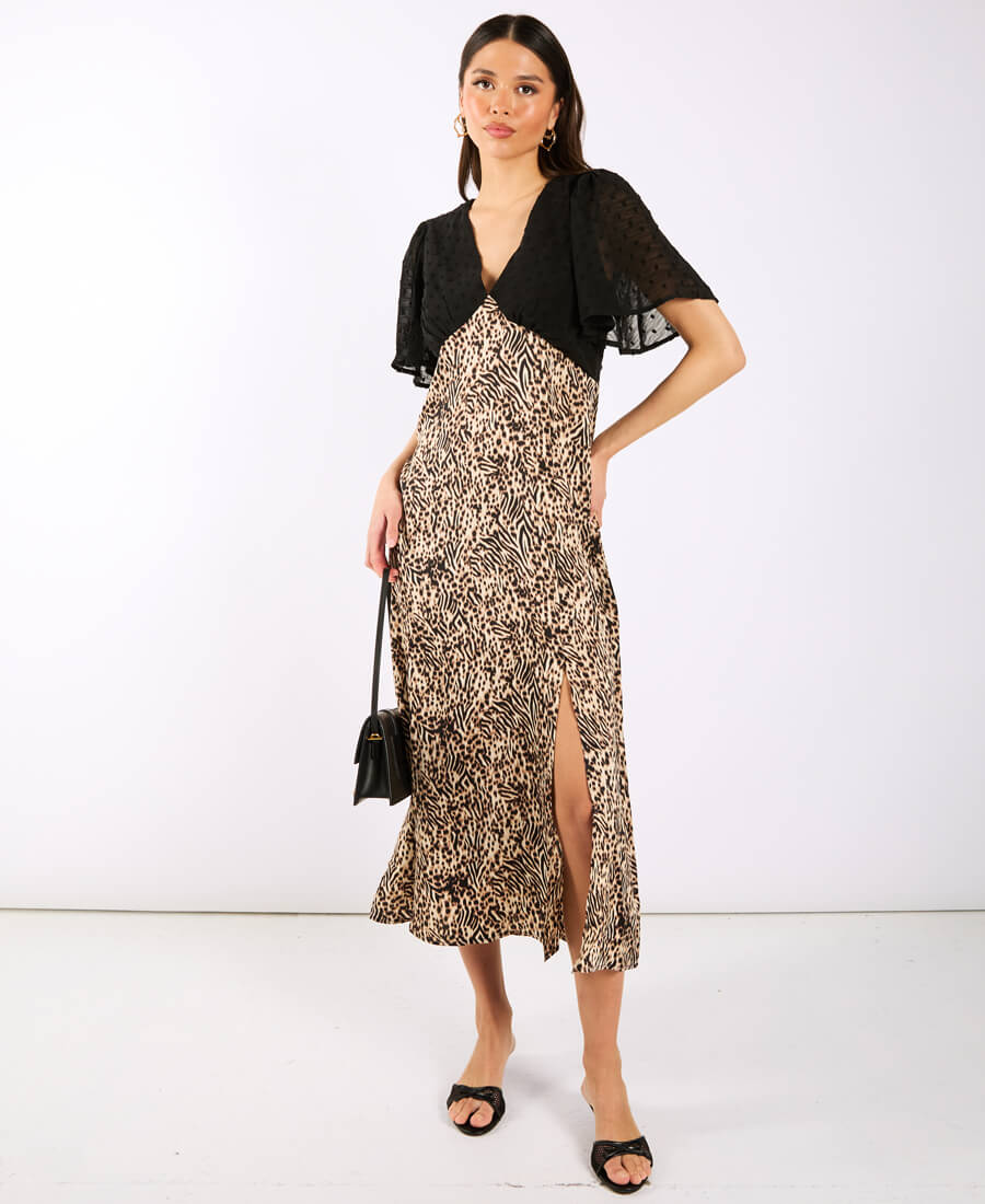 FLUTTER SLEEVE MIDI DRESS LEO BLACK