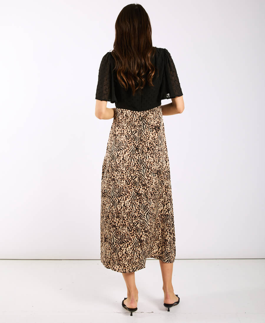 FLUTTER SLEEVE MIDI DRESS LEO BLACK