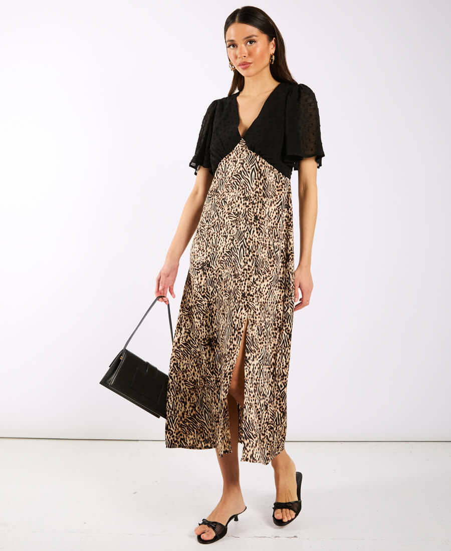 FLUTTER SLEEVE MIDI DRESS LEO BLACK