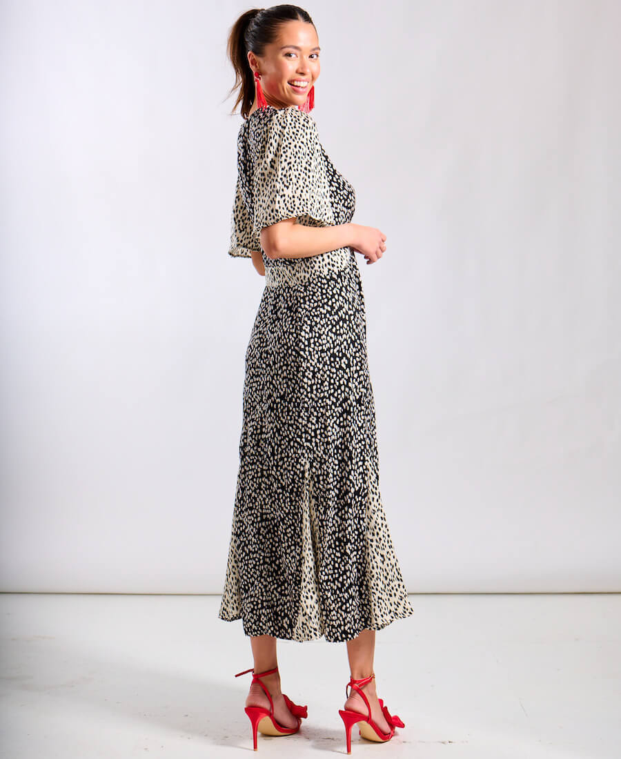 CONTRAST SATIN MIDI DRESS BLACK WHITE