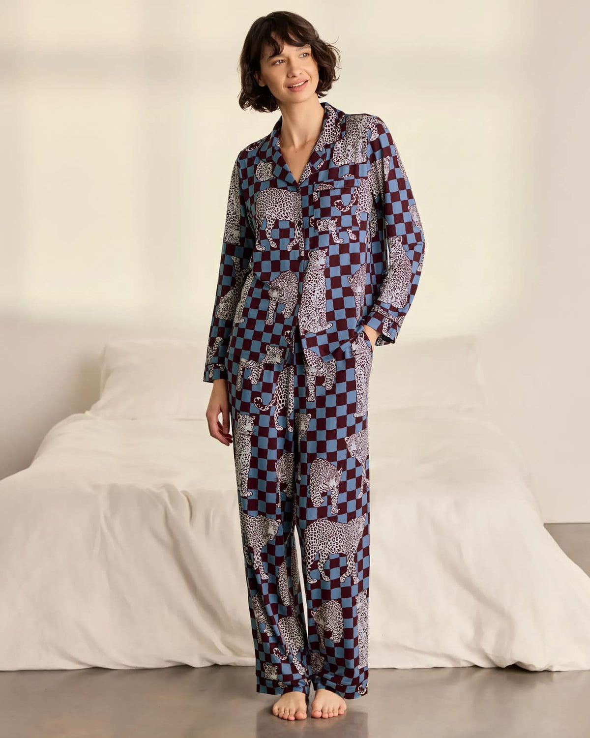 SOFT MIDNIGHT CHECKERBOARD LEOPARD PYJAMA SET