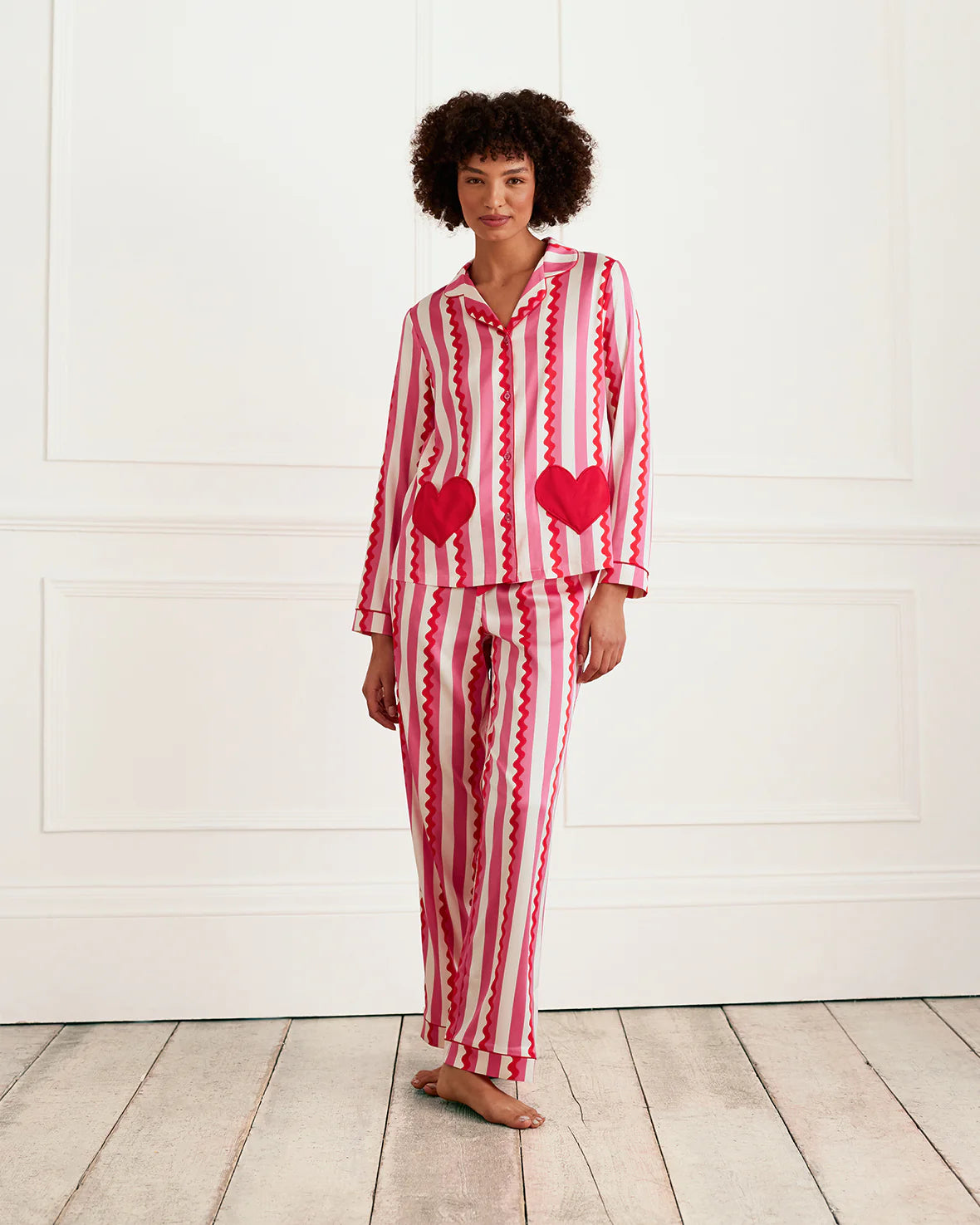 SATIN HEART STRIPED LONG PYJAMA SET