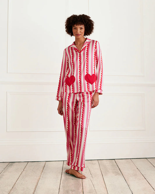 SATIN HEART STRIPED LONG PYJAMA SET