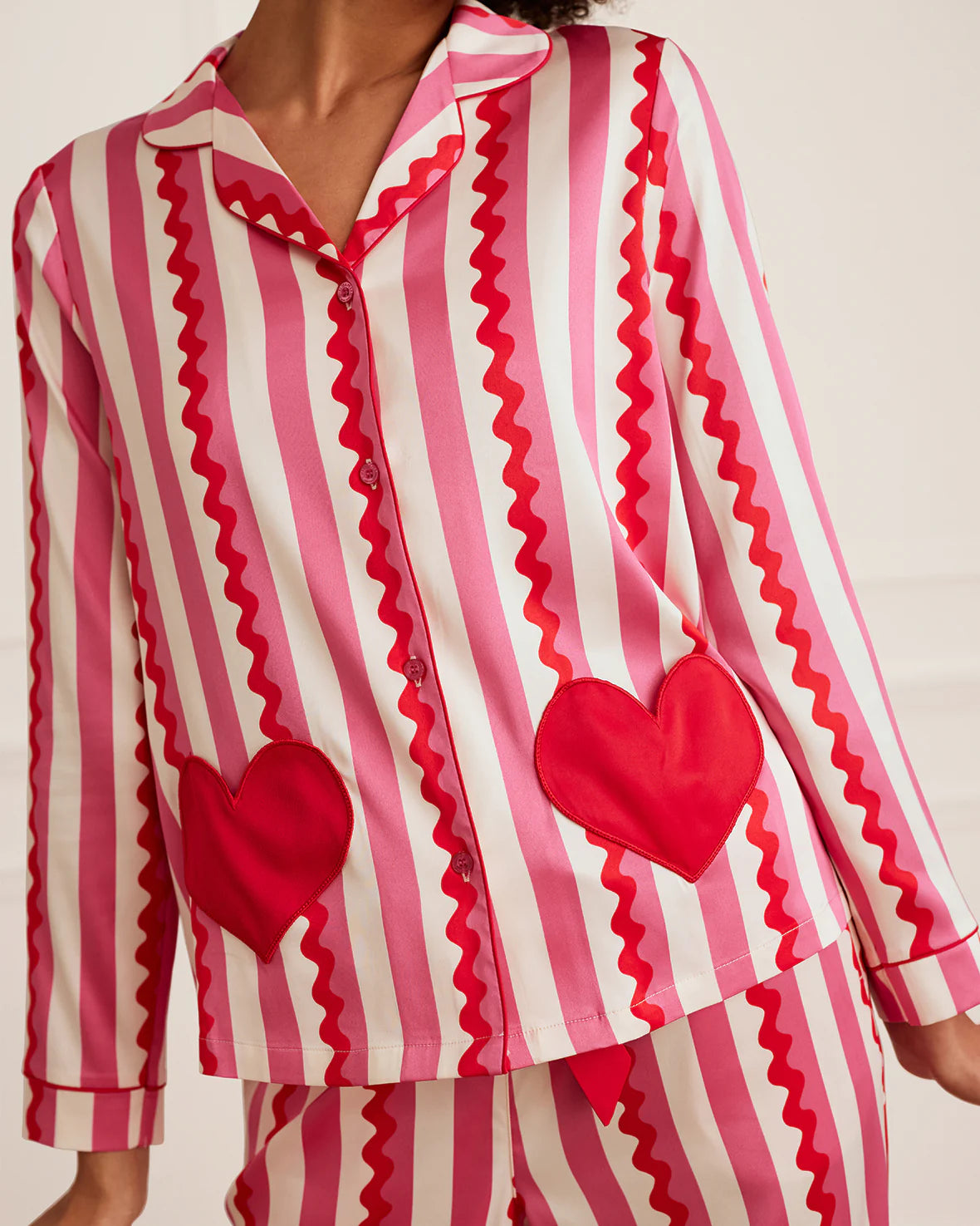 SATIN HEART STRIPED LONG PYJAMA SET