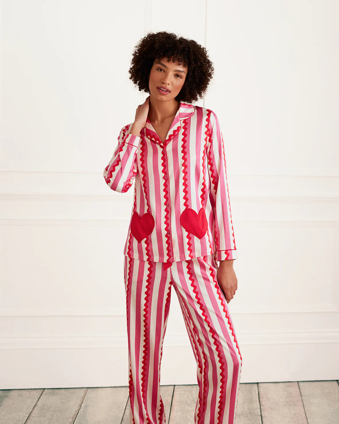 SATIN HEART STRIPED LONG PYJAMA SET