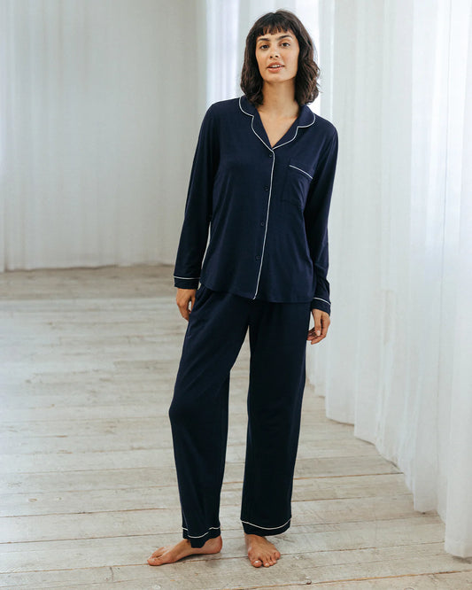 MODAL NAVY PIPING LONG SOFT PYJAMA SET