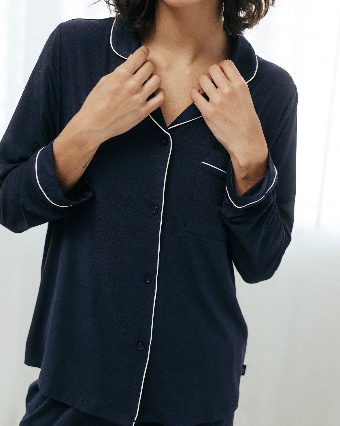 MODAL NAVY PIPING LONG SOFT PYJAMA SET