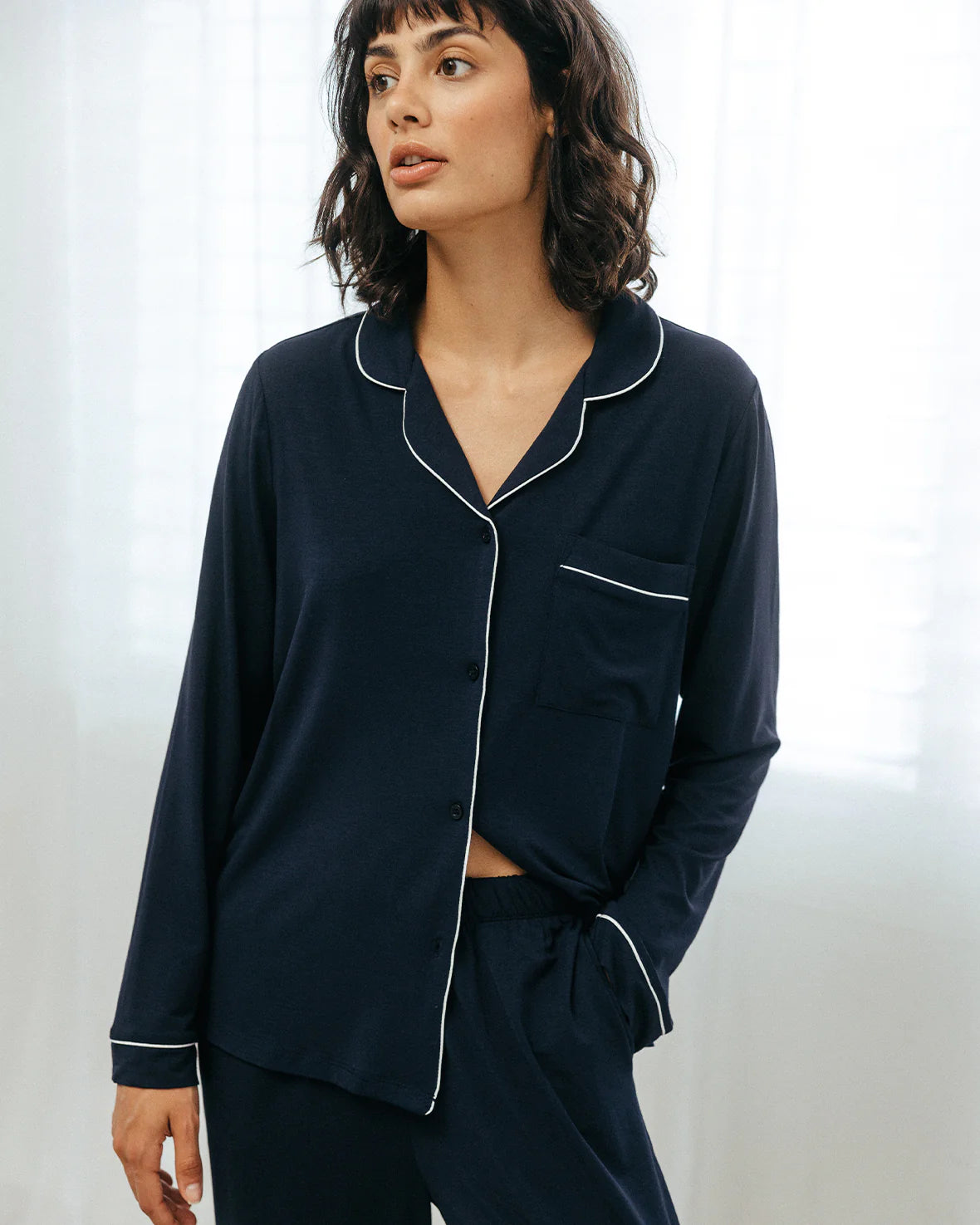 MODAL NAVY PIPING LONG SOFT PYJAMA SET