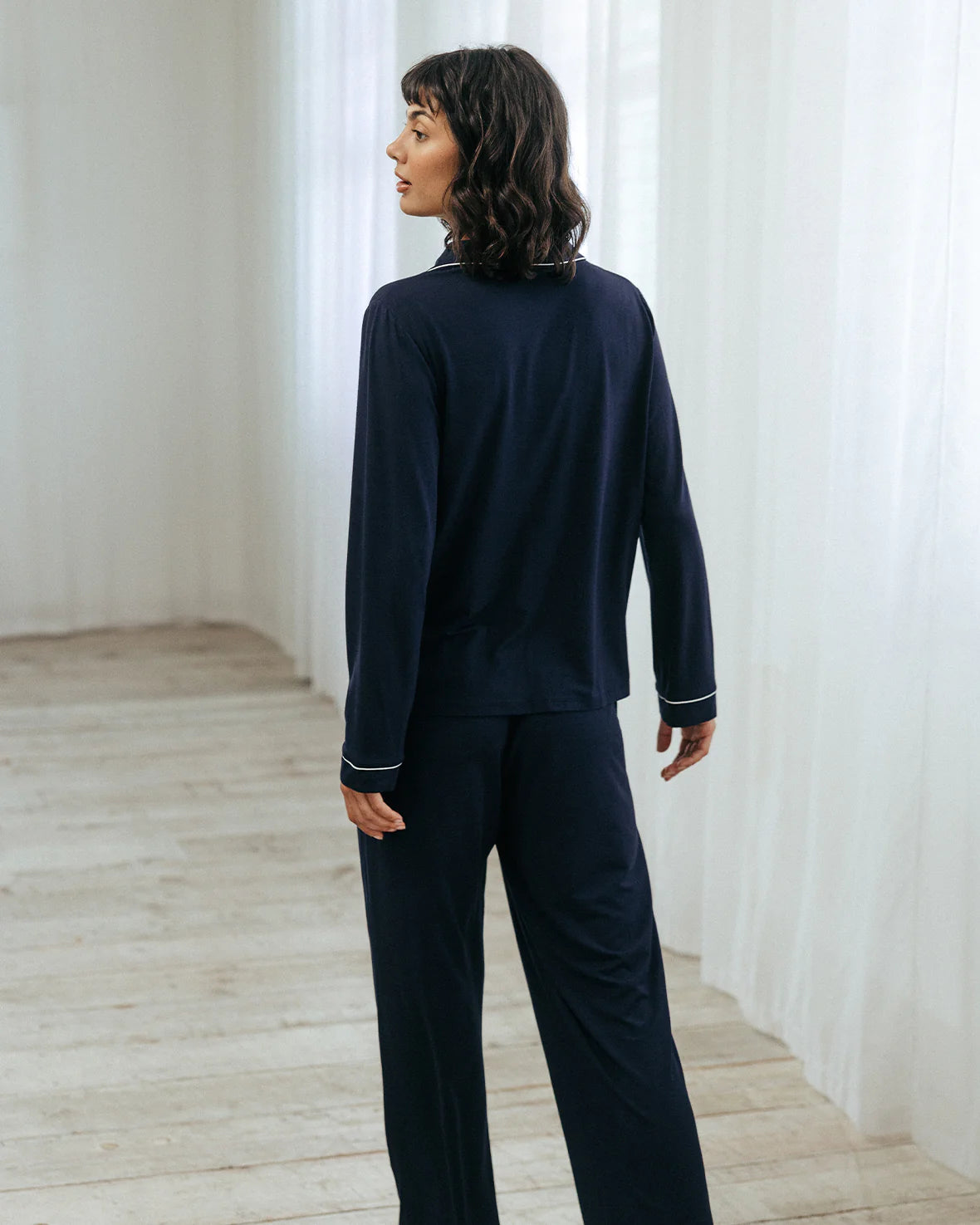 MODAL NAVY PIPING LONG SOFT PYJAMA SET