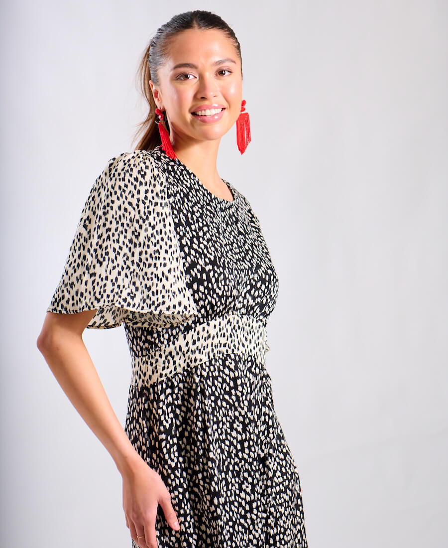 CONTRAST SATIN MIDI DRESS BLACK WHITE