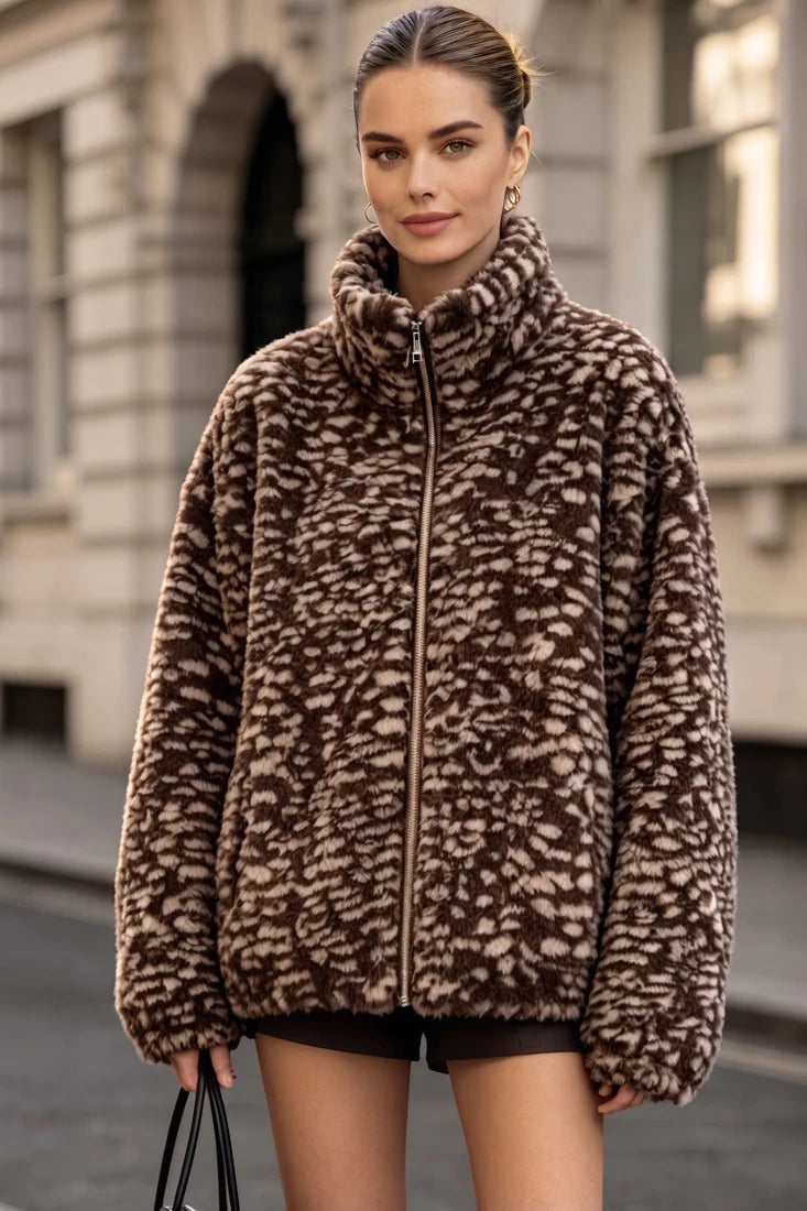 HIGH NECK DEER FLUFFY JACKET BROWN FULL ZIP