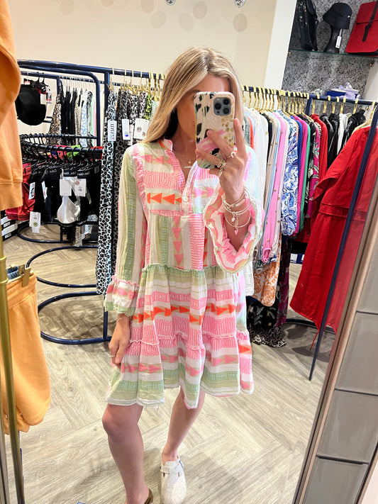 BUTTON DETAIL AZTEC DRESS BEIGE GREEN CORAL
