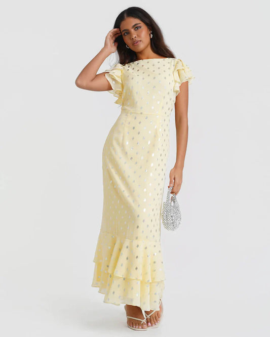 FLUTTER SLEEVE MAXI FOIL MAXI DRESS CANARY