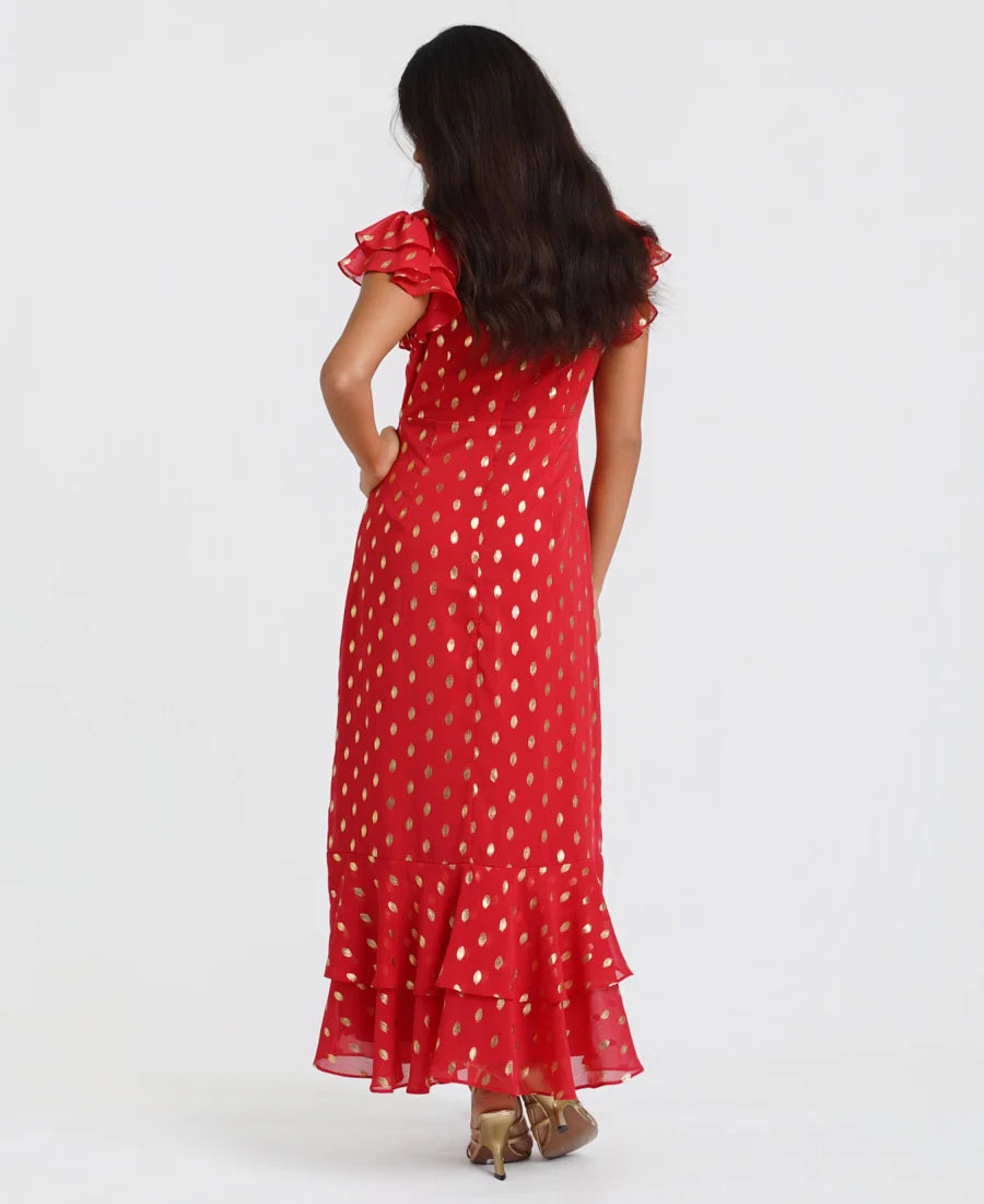 FLUTTER SLEEVE MAXI FOIL MAXI DRESS RED